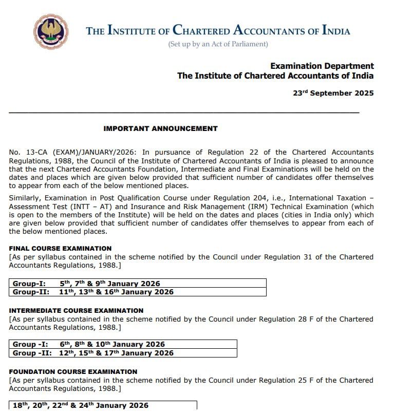 ICAI CA January 2026 exam dates
